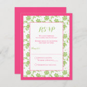 ピンクとグリーンの花柄ダマスク結婚式返信カード 出欠カード (正面/裏面)