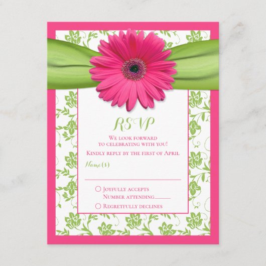 ピンクとグリーンの花柄ダマスク ウェディング返信カード 出欠カード (正面)