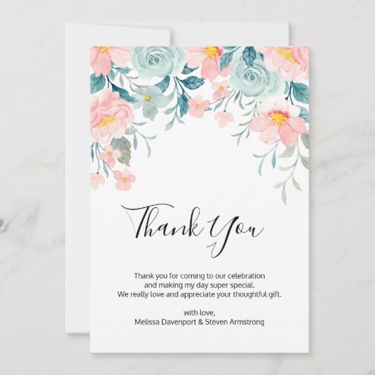 ピンクとグリーンの花柄ボーダー エレガントなウェディング サンキューカード (正面)