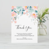 ピンクとグリーンの花柄ボーダー エレガントなウェディング サンキューカード (スタンド正面)