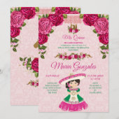 ピンクとグリーンの花柄ローズフィエスタ メキシカン ミス キンセ 招待状 (正面/裏面)