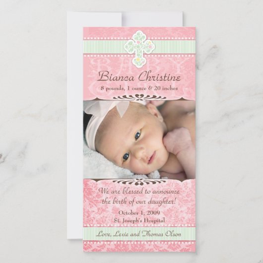 ピンクとグリーンの花模様誕生のお知らせ 案内状 (正面)