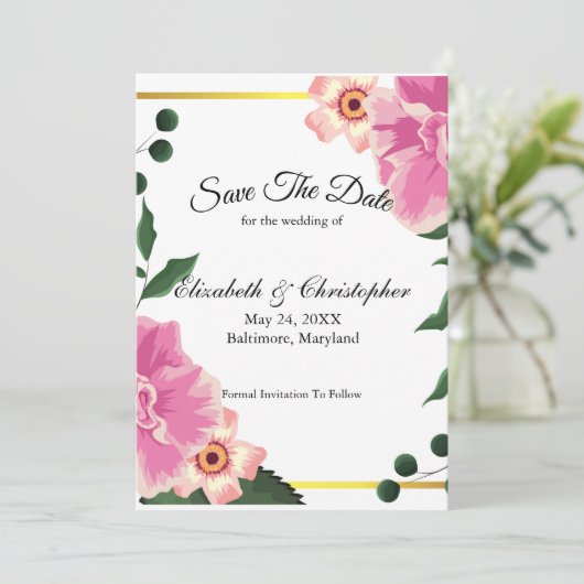 ピンクとグリーンの花飾りゴールド縁取りのウェディング セーブザデート (スタンド正面)