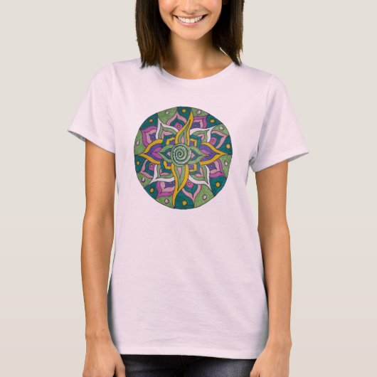 ピンクとグリーンの蓮の曼荼羅Tシャツ Tシャツ (正面)
