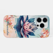ピンクとグリーンの蓮の装飾的な純粋さ iPhoneケース (裏面横)