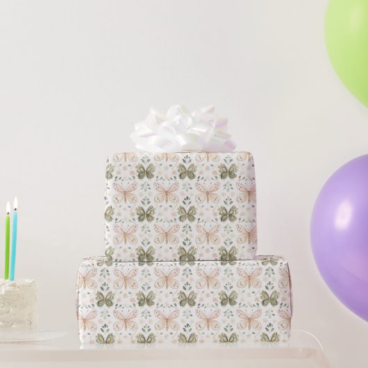 ピンクとグリーンの蝶々のお誕生日 ラッピングペーパー (パーティーギフト)