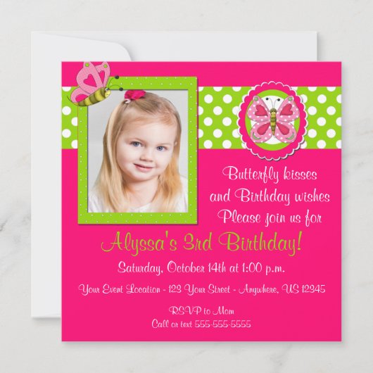 ピンクとグリーンの蝶の誕生日招待状 招待状 (正面)