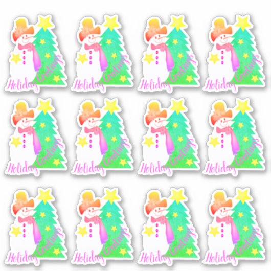 ピンクとグリーンの雪だるま シール (正面)