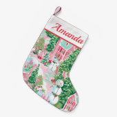 ピンクとグリーンの雪だるま スモールクリスマスストッキング (正面 (吊り時))