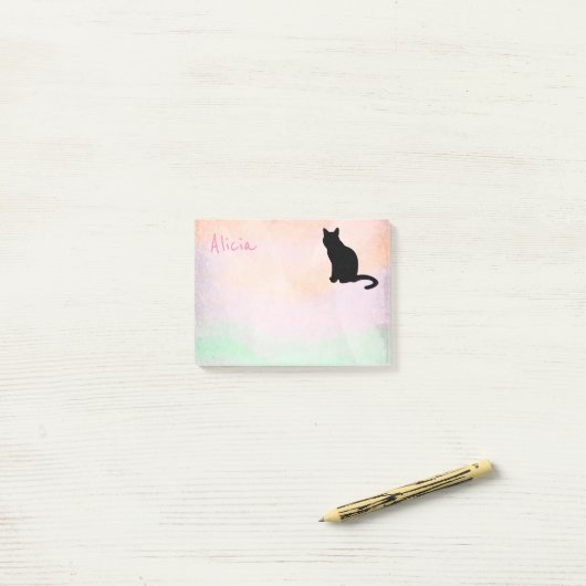 ピンクとグリーンの黒猫カスタムの名前を付ける ポストイット (デスク上)