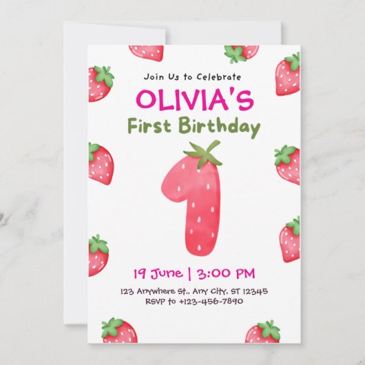 ピンクとグリーンよくはしゃぐ第1誕生日 招待状 (正面)