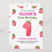 ピンクとグリーンよくはしゃぐ第1誕生日 招待状 (正面/裏面)