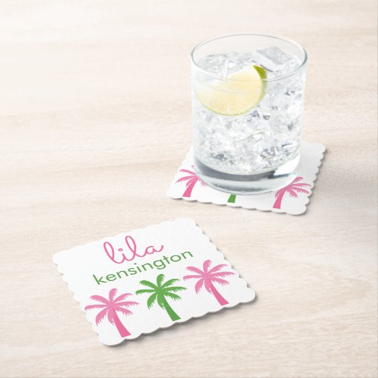 ピンクとグリーンパームの木のコースタパーソナライズされたー ペーパーコースター (インサイチュ)