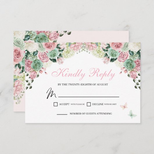 ピンクとグリーンフェアユタールエンチャントガーデンRSVP 出欠カード (正面/裏面)