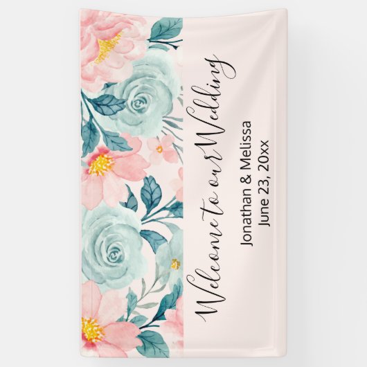 ピンクとグリーン結婚のフローラへようこそ縁ど 横断幕 (縦)