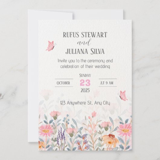 ピンクとグリーン結婚フローラ 招待状 (正面)