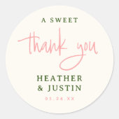 ピンクとグリーンA甘い感謝結婚式の引き出物 ラウンドシール (正面)