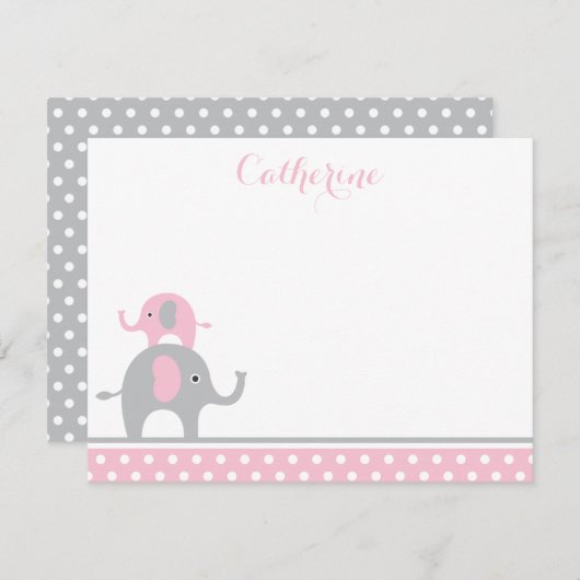 ピンクとグレイエレファントサンキューカード ノートカード (正面/裏面)