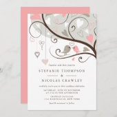 ピンクとグレーお洒落のロバ結婚バード 招待状 (正面/裏面)