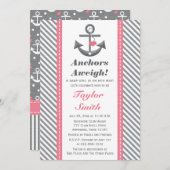ピンクとグレーのいかりベビ航海のーシャワー 招待状 (正面/裏面)