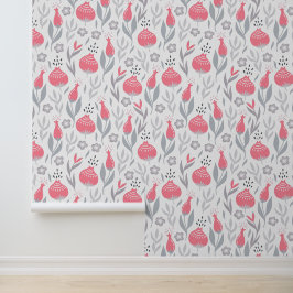 ピンクとグレーのお洒落フローラルパターン 壁紙