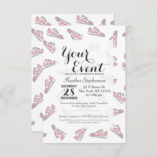 ピンクとグレーのかわいいスニーカー柄 招待状 (正面/裏面)