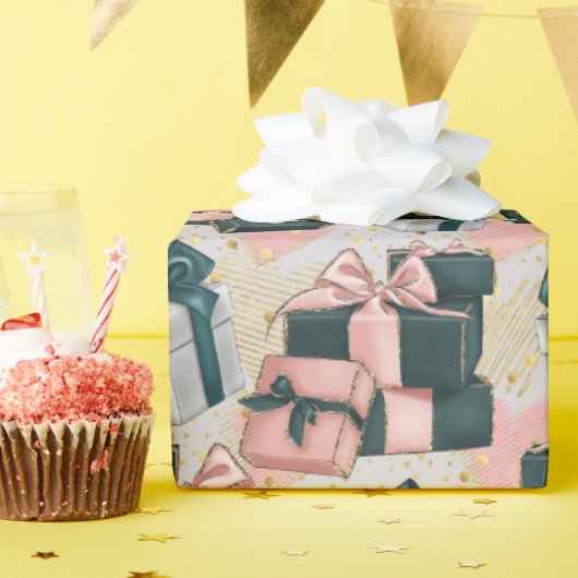 ピンクとグレーのかわいらしプレゼント包まれた誕生日 ラッピングペーパー (誕生日パーティー)