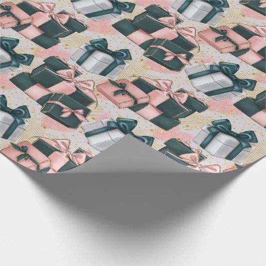 ピンクとグレーのかわいらしプレゼント包まれた誕生日 ラッピングペーパー (角)