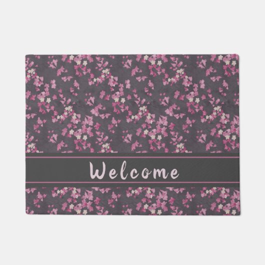 ピンクとグレーのさくらんぼの花の歓迎の形式 ドアマット (正面)