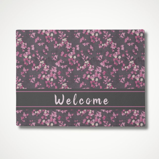 ピンクとグレーのさくらんぼの花の歓迎の形式 ドアマット (Pink and Dark Gray Cherry Blossoms Welcome Mat for front door)