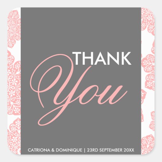 ピンクとグレーのろうけつ染め花ありがとうステッカー スクエアシール (正面)