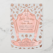 ピンクとグレーのアンティーククレードル赤ちゃんシャワーバラ金ゴールド 箔招待状 (正面)
