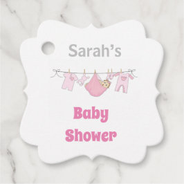 ピンクとグレーのイラストレーションベビーシャワーメッセージカード フェイバータグ