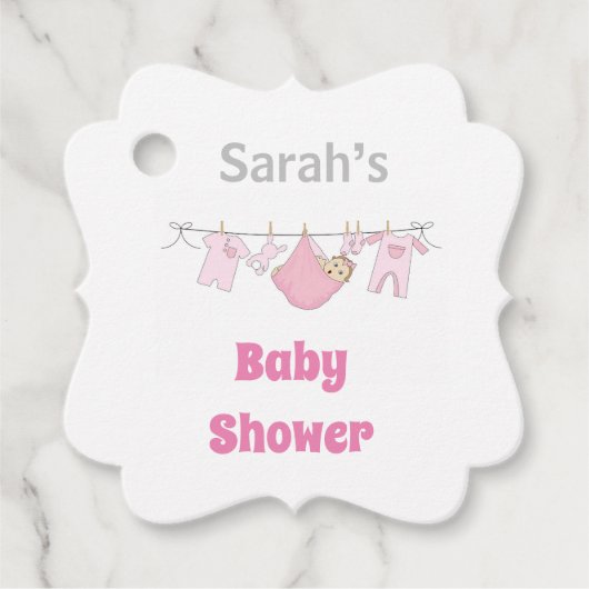 ピンクとグレーのイラストレーションベビーシャワーメッセージカード フェイバータグ (正面)