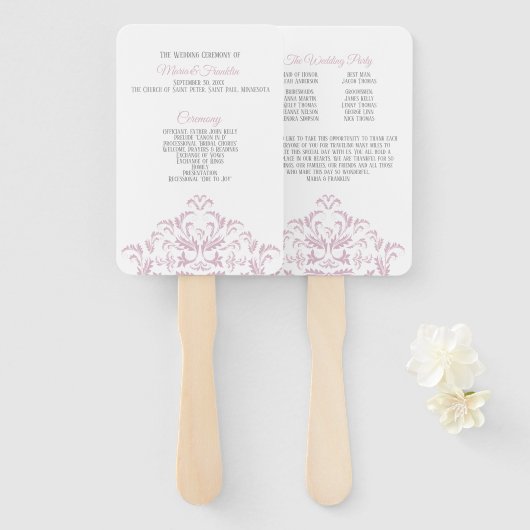 ピンクとグレーのエレガントダマスク結婚式プログラムファン ハンドファン (正面&裏面)