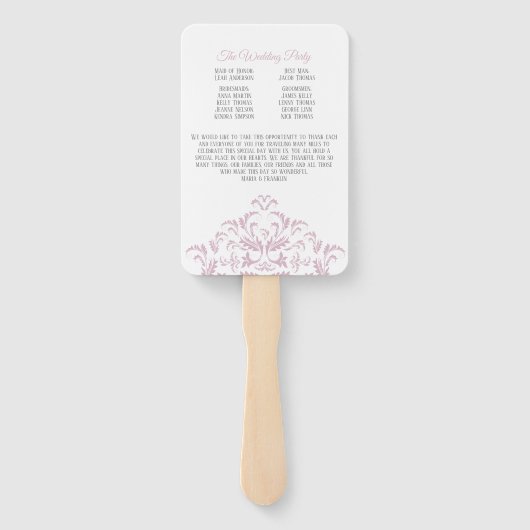 ピンクとグレーのエレガントダマスク結婚式プログラムファン ハンドファン (裏面)