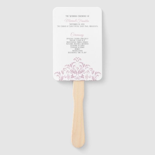 ピンクとグレーのエレガントダマスク結婚式プログラムファン ハンドファン (正面)