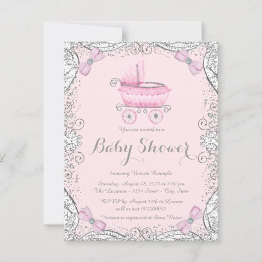 ピンクとグレーのグリッターPramベビーシャワー 招待状 (正面)