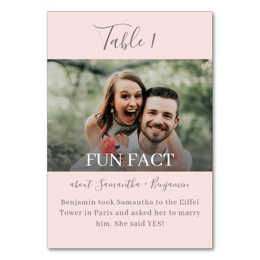 ピンクとグレーのスクリプトおもしろいファクト結婚写真 テーブルナンバー (正面)