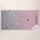 ピンクとグレーのスターグラデーションズスタイリッシュシックモダン ビーチタオル (正面)