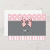 ピンクとグレーのストライプのボウ ブライダルシャワー サンキューカード (正面/裏面)