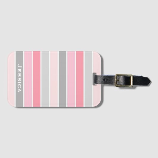 ピンクとグレーのストライプの荷物パーソナライズされたタグ ラゲッジタグ (正面横)