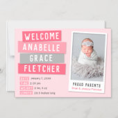 ピンクとグレーのスナップショット磁気出産の発表 マグネット招待状 (正面)