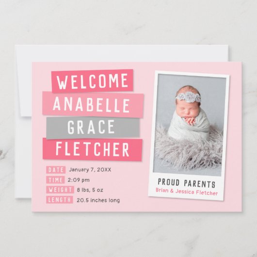 ピンクとグレーのスナップショット2写真の誕生のお知らせ 案内状 (正面)