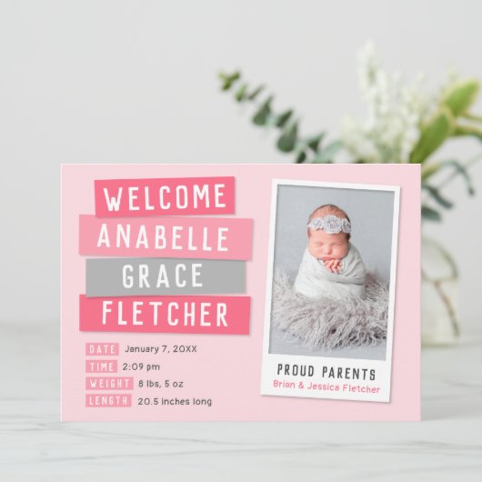 ピンクとグレーのスナップショット2写真の誕生のお知らせ 案内状 (スタンド正面)