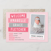 ピンクとグレーのスナップショット2写真の誕生のお知らせ 案内状 (正面/裏面)