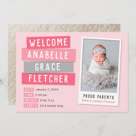 ピンクとグレーのスナップショット2写真の誕生のお知らせ 案内状 (正面/裏面)