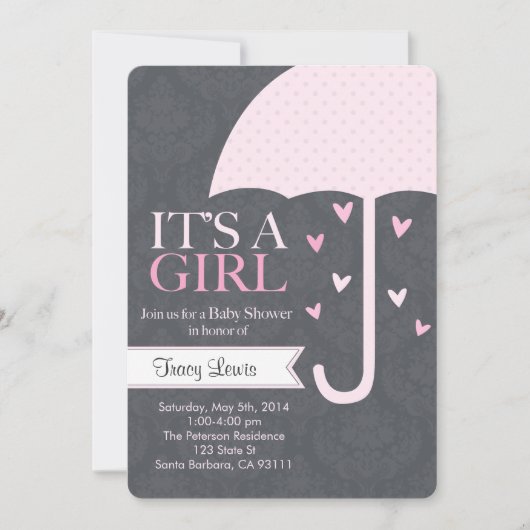 ピンクとグレーのスプリンク-ベビーシャワー招待状 招待状 (正面)