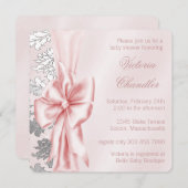 ピンクとグレーのダマスクの赤ちゃんシャワー 招待状 (正面/裏面)