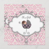 ピンクとグレーのダマスクの赤ちゃんシャワー 招待状 (正面/裏面)